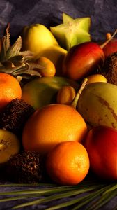 Превью обои ткань, стол, фрукты, кокос, гранат, грейпфрут, ананас, манго, груша, мандарин, лайм