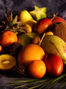 Превью обои ткань, стол, фрукты, кокос, гранат, грейпфрут, ананас, манго, груша, мандарин, лайм
