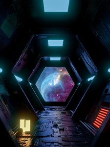 Превью обои тоннель, коридор, космический корабль, космос, темный