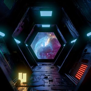 Превью обои тоннель, коридор, космический корабль, космос, темный