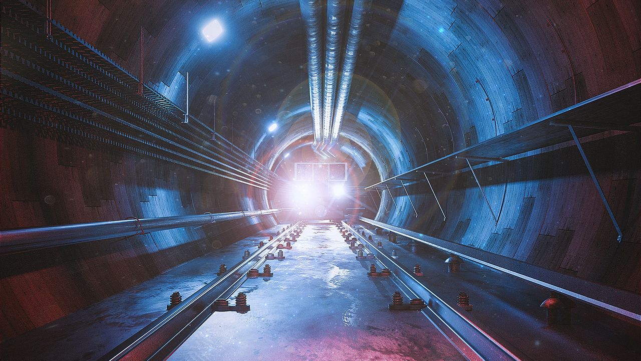 Обои тоннель, рельсы, свет, фары, подземелье