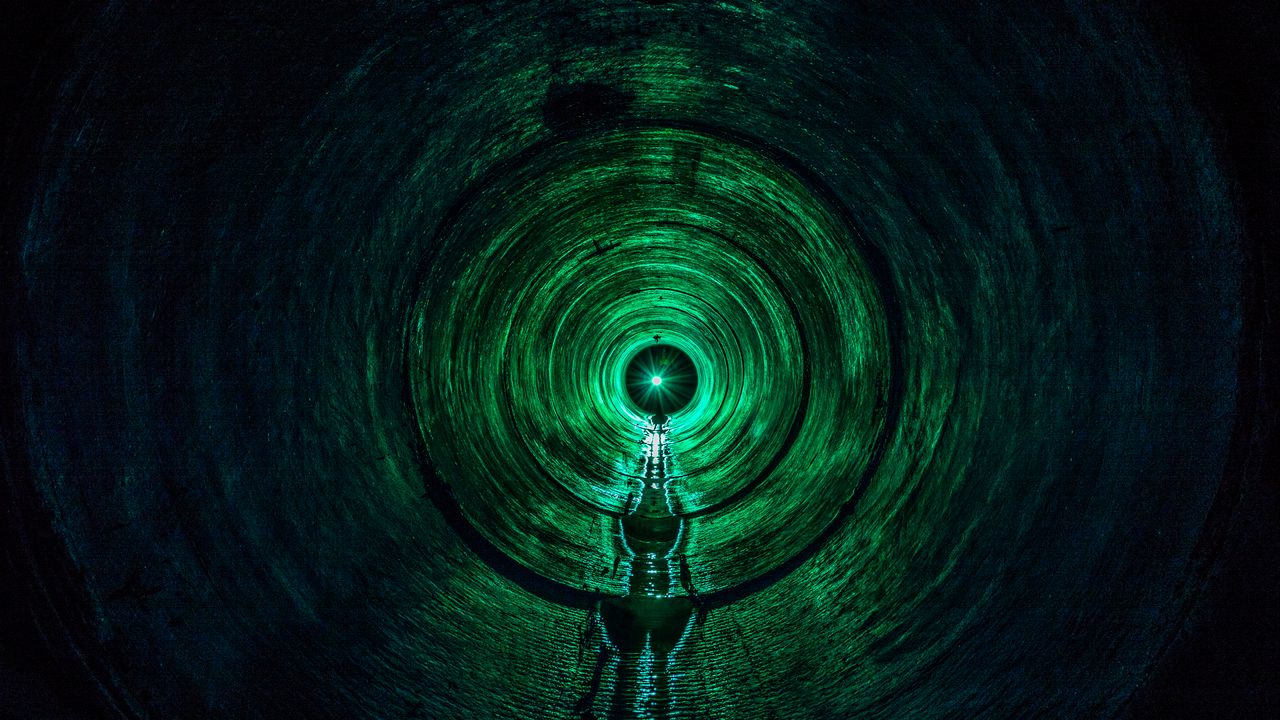 Обои тоннель, свет, зеленый, темный