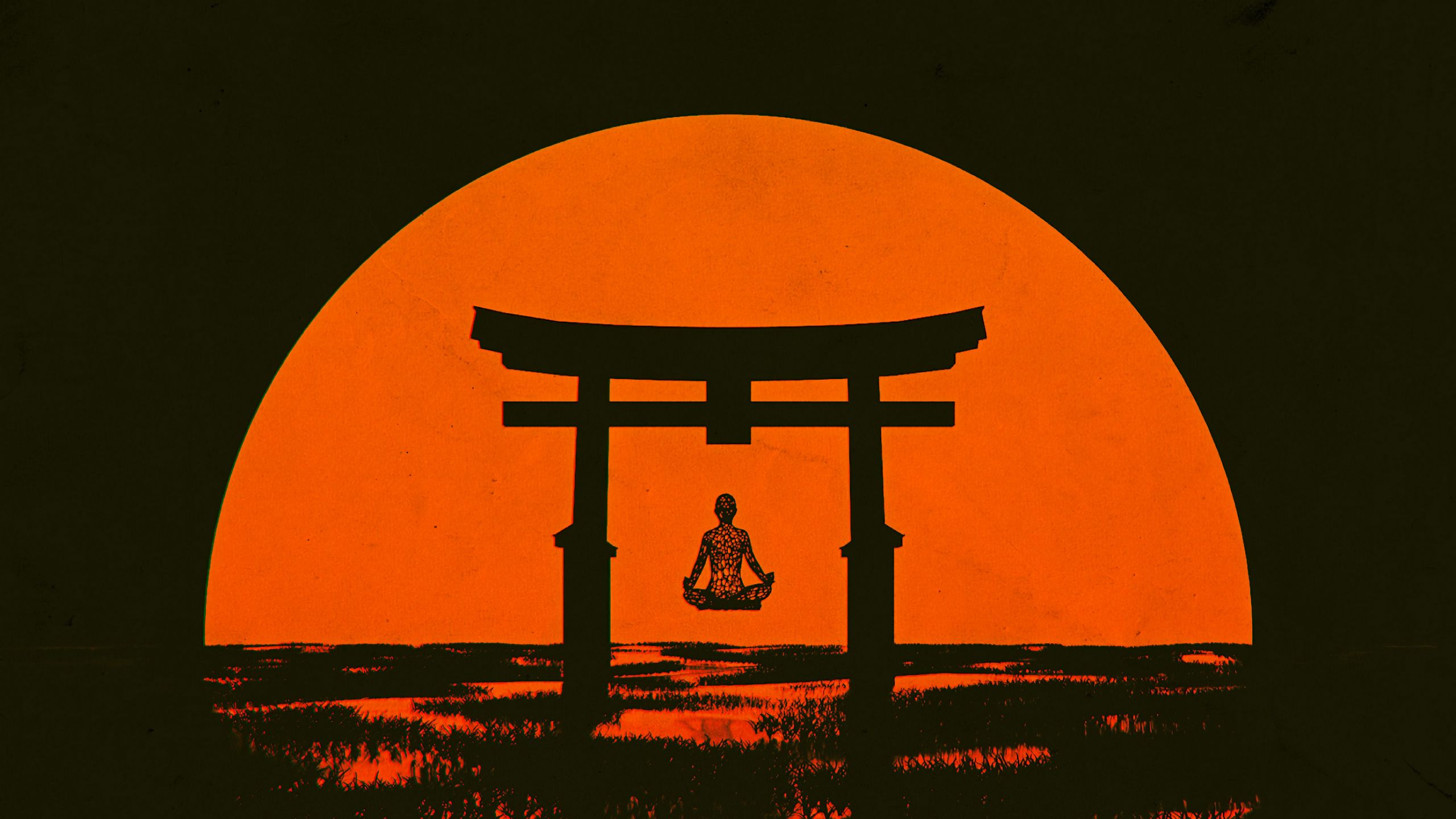 Японский храм на фоне красного солнца