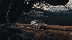 Превью обои toyota, автомобиль, внедорожник, вид сбоку, ветки, дорога