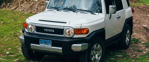 Превью обои toyota fj cruiser, toyota, автомобиль, внедорожник, серый, лес, трава