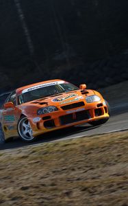 Превью обои toyota supra, toyota, автомобиль, оранжевый, дрифт, скорость