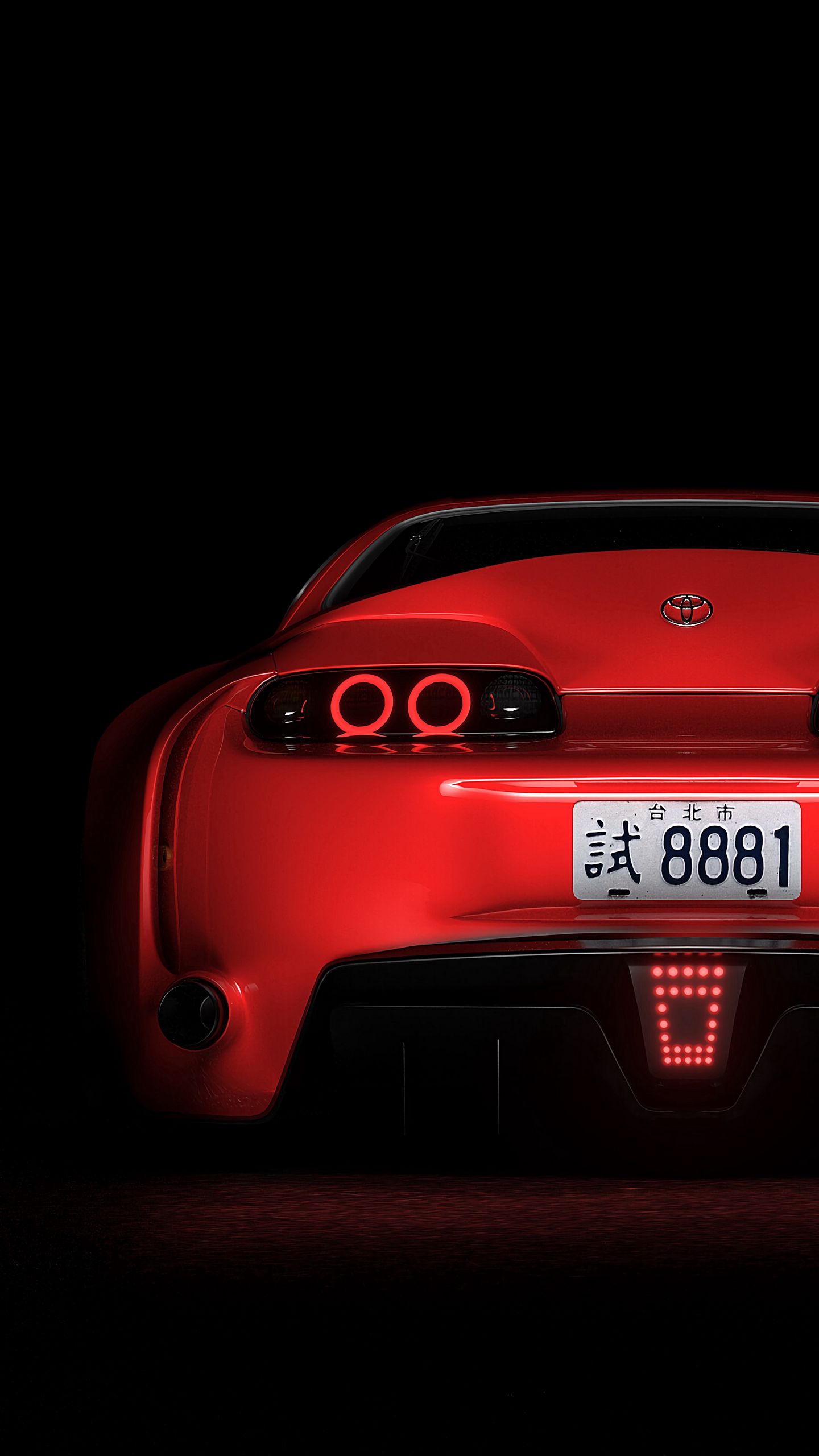 Скачать 1440x2560 toyota supra, toyota, спорткар, красный, вид сзади,  темный, подсветка обои, картинки qhd samsung galaxy s6, s7, edge, note, lg  g4