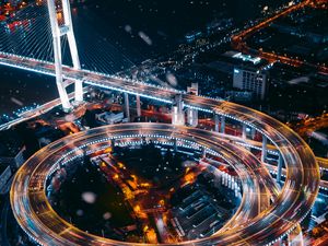 Превью обои транспортная развязка, ночной город, вид сверху, огни города, дороги