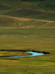 Превью обои трава, река, холмы