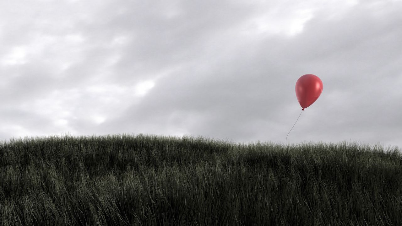 Обои трава, ветер, небо, воздушный шар, красный