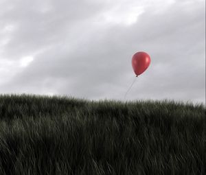 Превью обои трава, ветер, небо, воздушный шар, красный