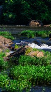 Превью обои трава, водопад, камни, река, природа