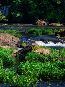 Превью обои трава, водопад, камни, река, природа
