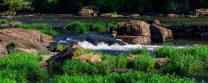 Превью обои трава, водопад, камни, река, природа