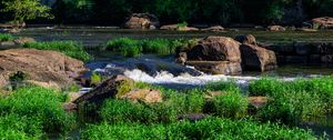 Превью обои трава, водопад, камни, река, природа