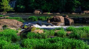 Превью обои трава, водопад, камни, река, природа