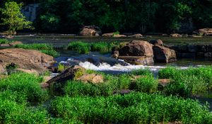 Превью обои трава, водопад, камни, река, природа
