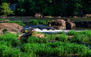 Превью обои трава, водопад, камни, река, природа