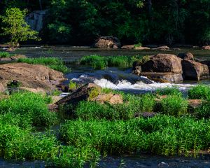 Превью обои трава, водопад, камни, река, природа