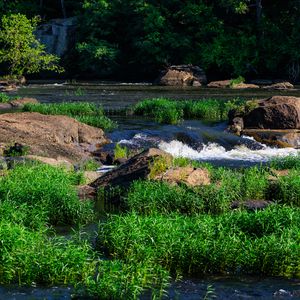 Превью обои трава, водопад, камни, река, природа
