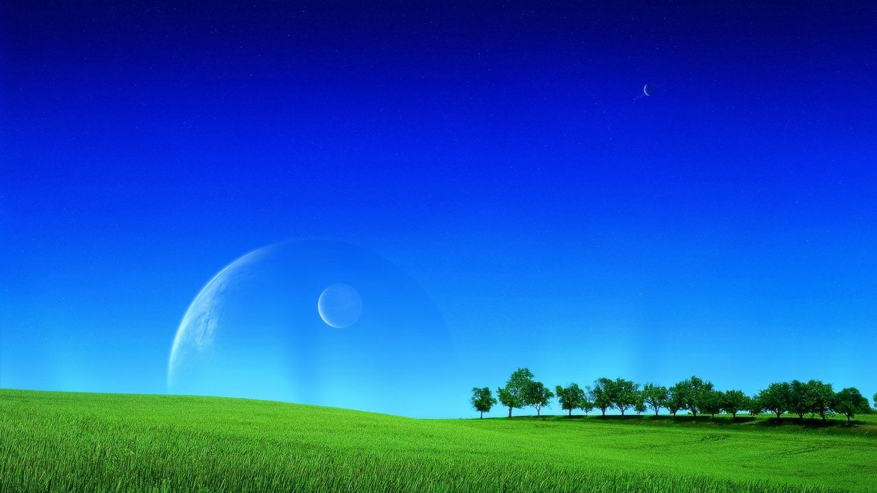 Обои трава, зелень, поле, газон, небо, планеты, космос