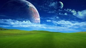 Превью обои трава, зелень, поле, газон, небо, планеты, космос, облака