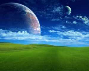 Превью обои трава, зелень, поле, газон, небо, планеты, космос, облака