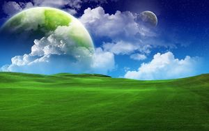 Превью обои трава, зеленый, небо, голубой, облака, лето