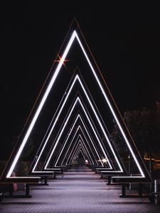 Превью обои треугольники, арка, неон, темный