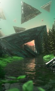 Превью обои треугольники, фигуры, река, вода, деревья