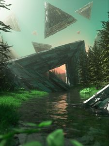 Превью обои треугольники, фигуры, река, вода, деревья