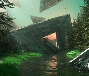 Превью обои треугольники, фигуры, река, вода, деревья