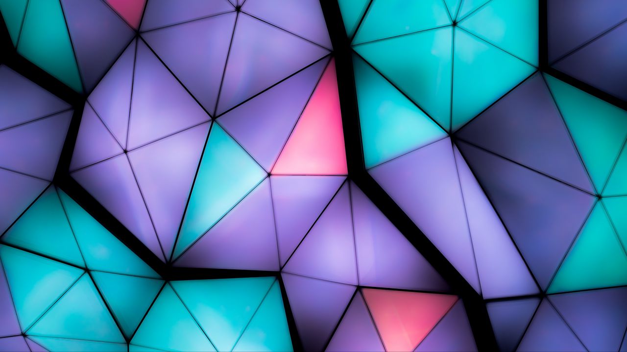Обои треугольники, объем, фрагменты, разноцветный, подсветка