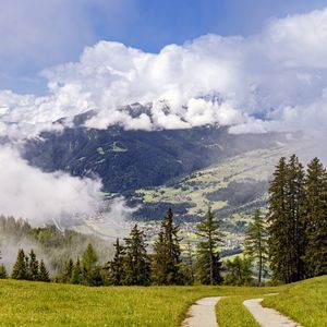 Превью обои тропа, елки, лес, облака, горы