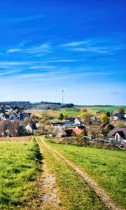 Превью обои тропа, луг, дома, природа, трава