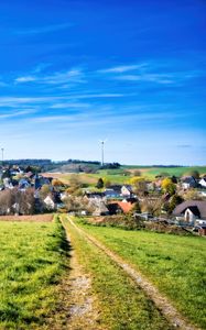 Превью обои тропа, луг, дома, природа, трава