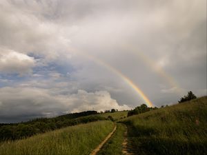 Превью обои тропа, трава, луг, радуга, пейзаж