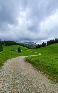 Превью обои тропинка, гора, трава, деревья, даль