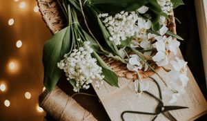 Превью обои цветы, букет, корзинка, книга, эстетика
