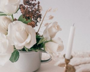 Превью обои цветы, букет, кружка, натюрморт, светлый