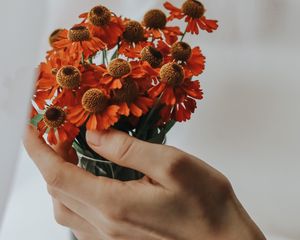 Превью обои цветы, букет, рука, пальцы, ткань