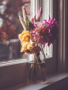 Превью обои цветы, лепестки, букет, ваза, окно