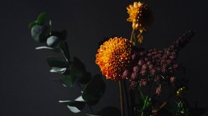 Превью обои цветы, листья, букет, темный