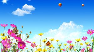 Превью обои цветы, небо, бабочки, воздушные шары