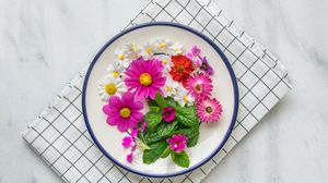 Превью обои цветы, ромашки, тарелка, ткань