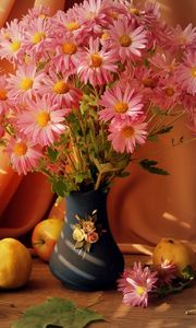 Превью обои цветы, ваза, фрукты, корзинка, стол, натюрморт