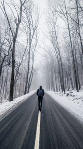 Превью обои туман, человек, снег, деревья, дорога, одиночество
