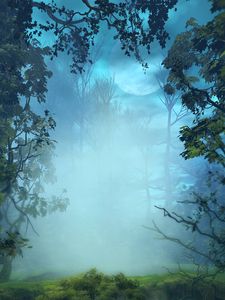 Превью обои туман, деревья, арт, лес, ветки