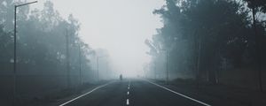 Превью обои туман, дорога, деревья, разметка, горизонт
