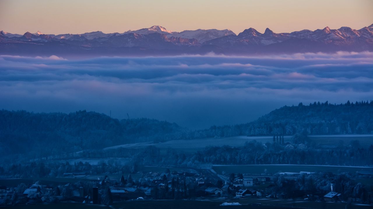 Обои туман, горы, сумерки, зима, небо, швейцария